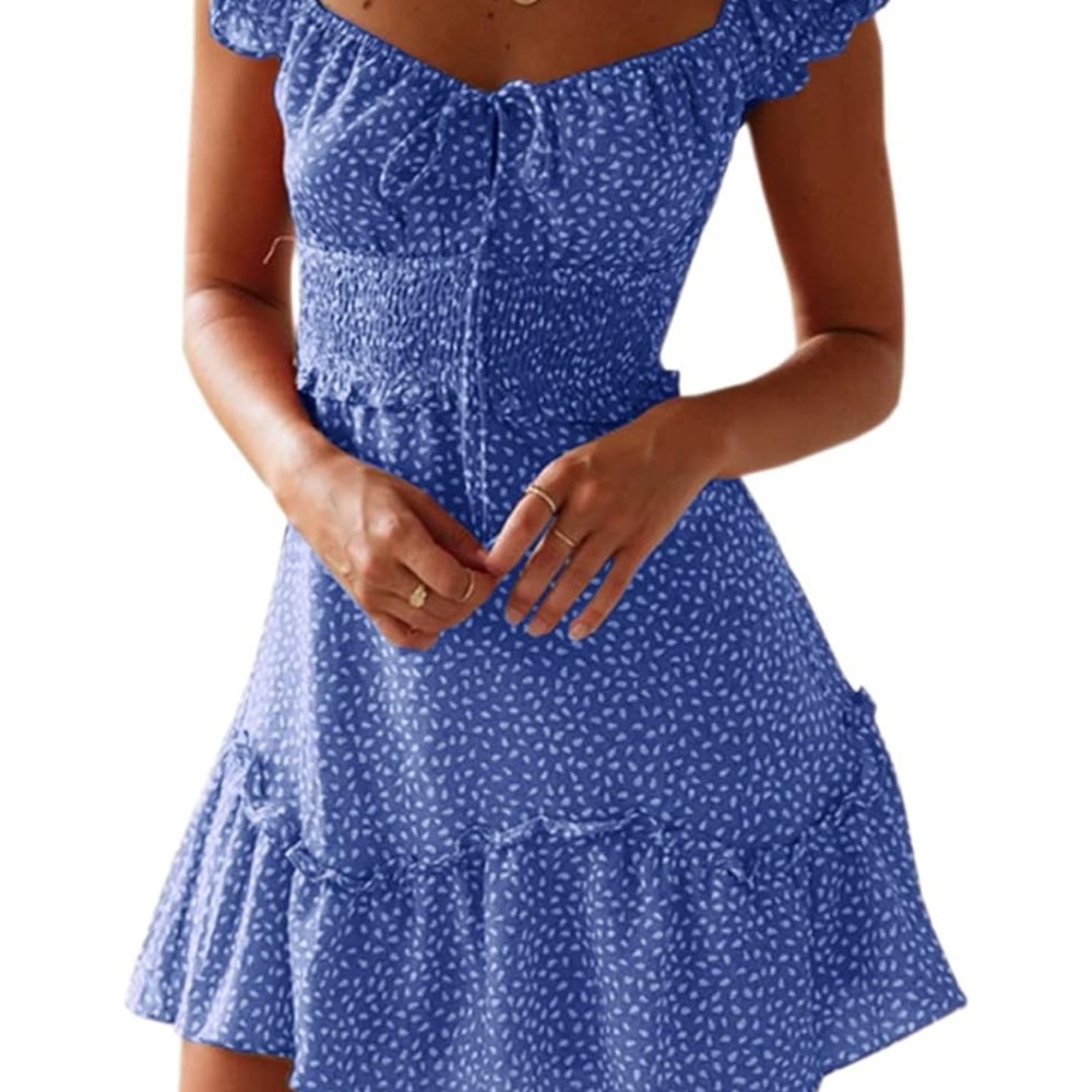 Women's Royal Blue Floral,Smocked, Boho Dress, Bottom Ruffle, Tie Front, Short